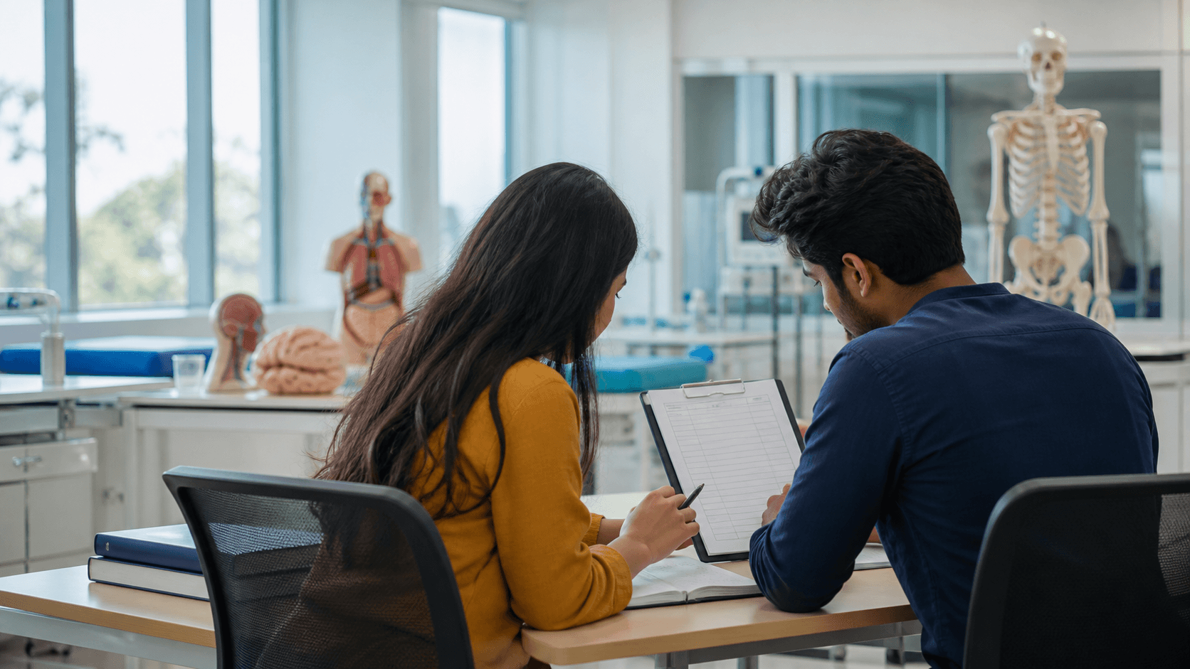 Two Indian medical students reviewing a blank curriculum checklist in a Vietnamese medical simulation classroom
