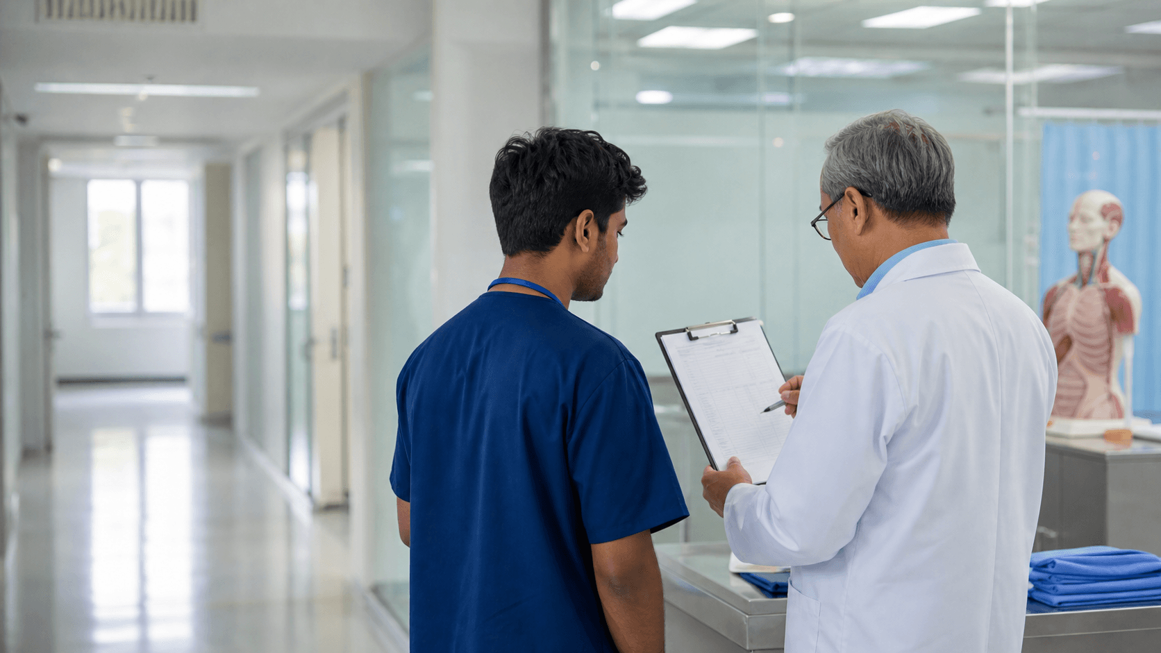 Non-identifiable Indian medical student reviewing a supervised clinical internship checklist in an unbranded Vietnamese teaching hospital