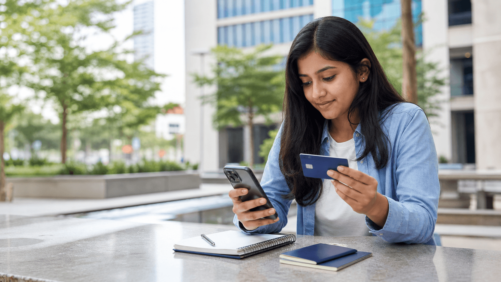 Indian medical student using a blank bank card and phone in an unbranded Vietnam university setting