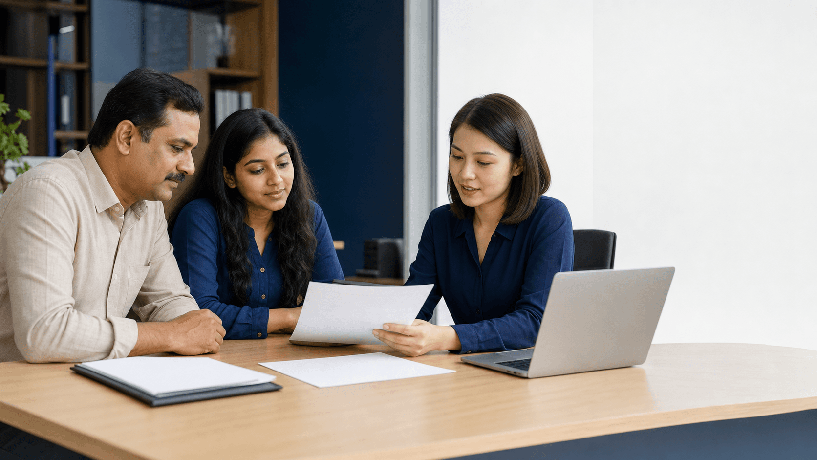 Indian student and parent reviewing blank academic records with a Vietnamese university adviser in a registrar office