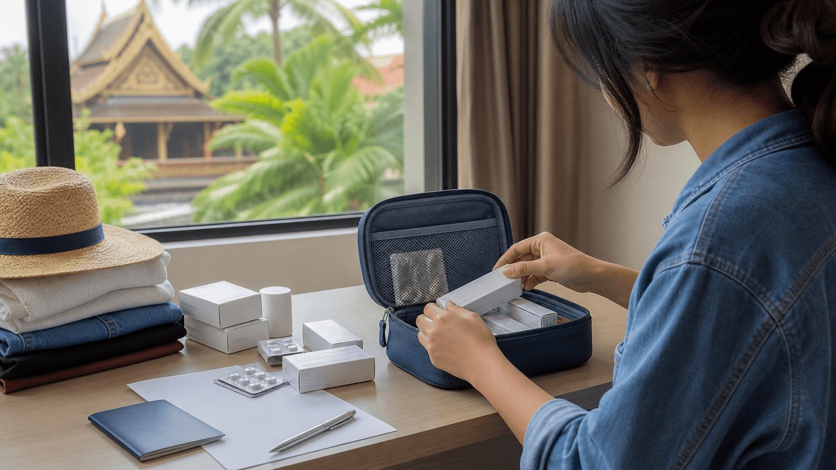 Student arranging unbranded medicine boxes and a prescription in a travel pouch before MBBS study in Vietnam