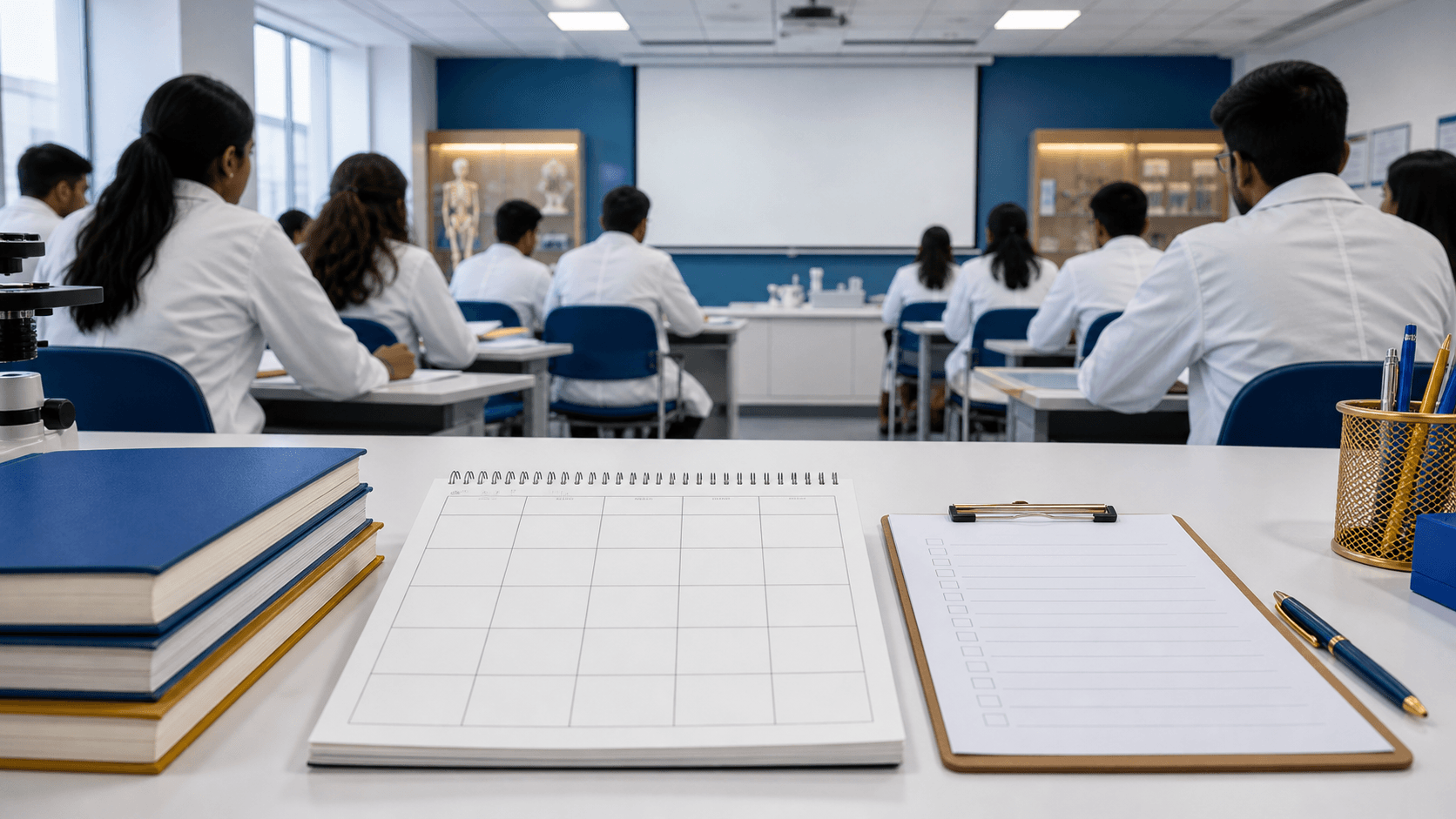 Medical students in an unbranded classroom with a blank timetable and attendance checklist