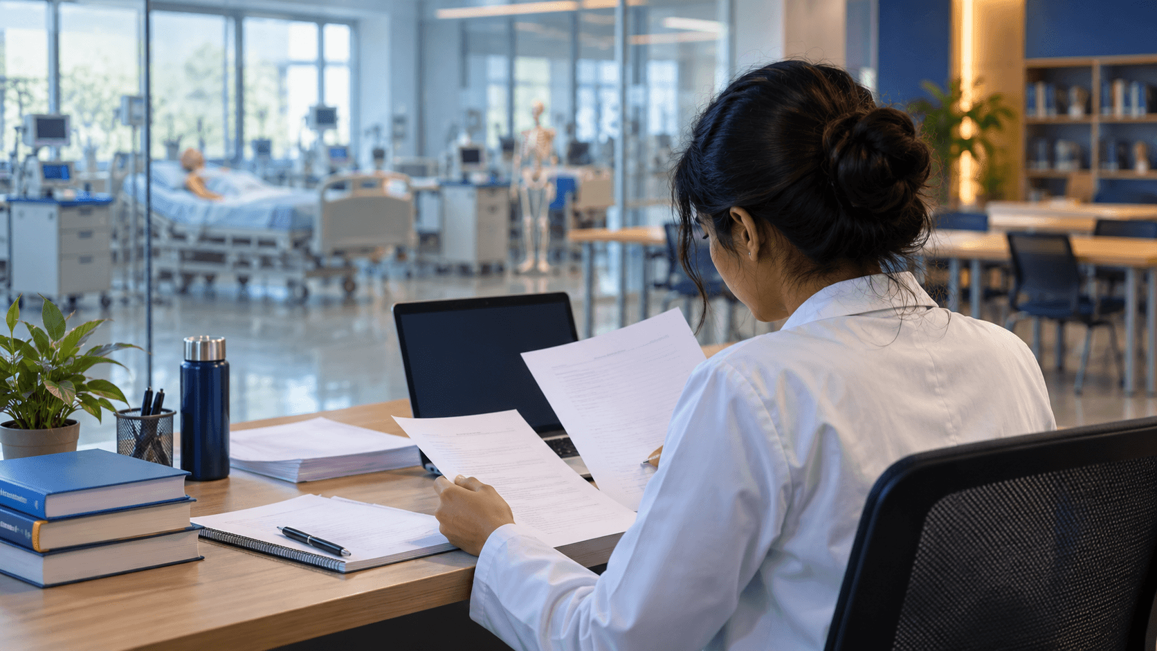 Medical student reviewing blank assessment papers beside a laptop in a Vietnamese university study area