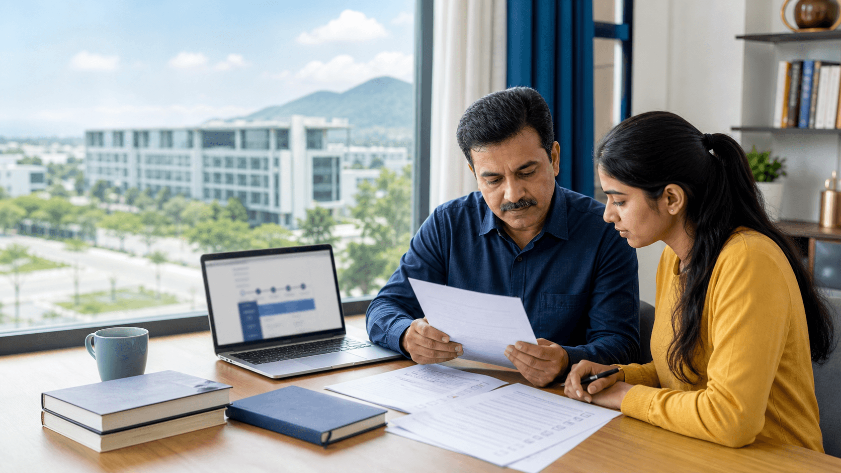 Indian parent and student reviewing an unbranded overseas medical admission document beside a laptop