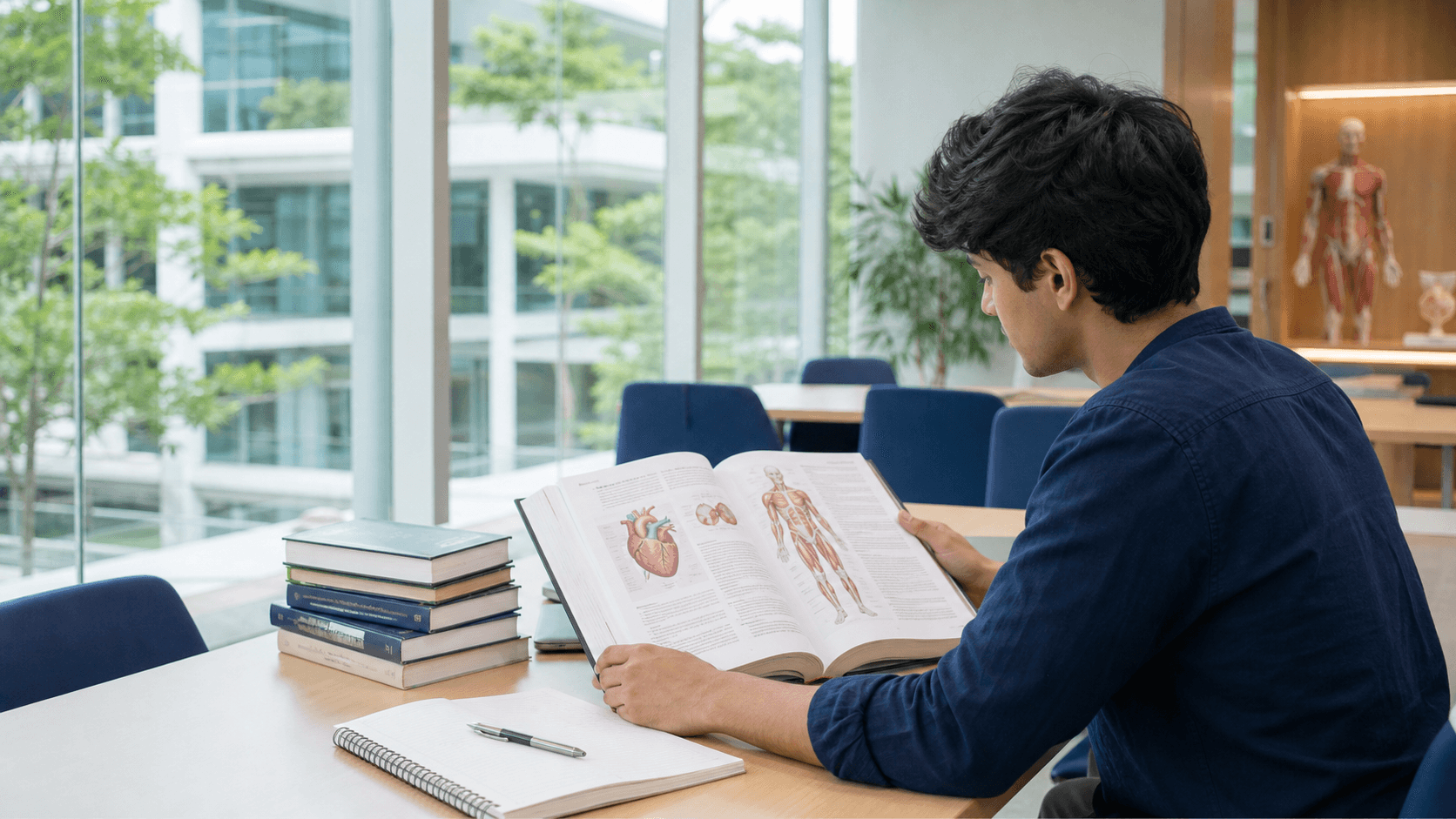 Indian medical student studying an unbranded English-language anatomy textbook in a modern Vietnamese university learning space