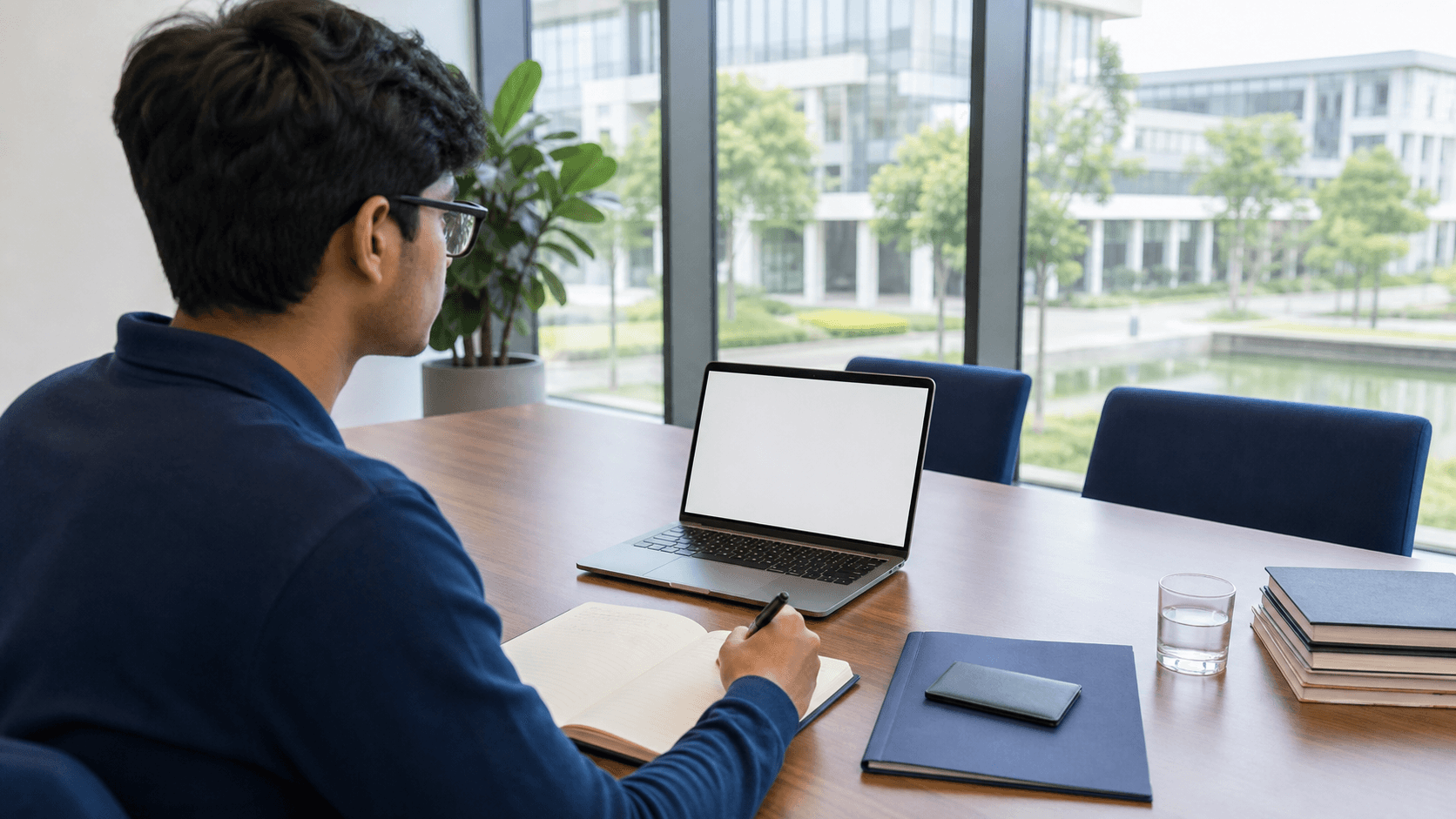 Indian student preparing notes for an overseas medical university admission interview in an unbranded campus meeting room
