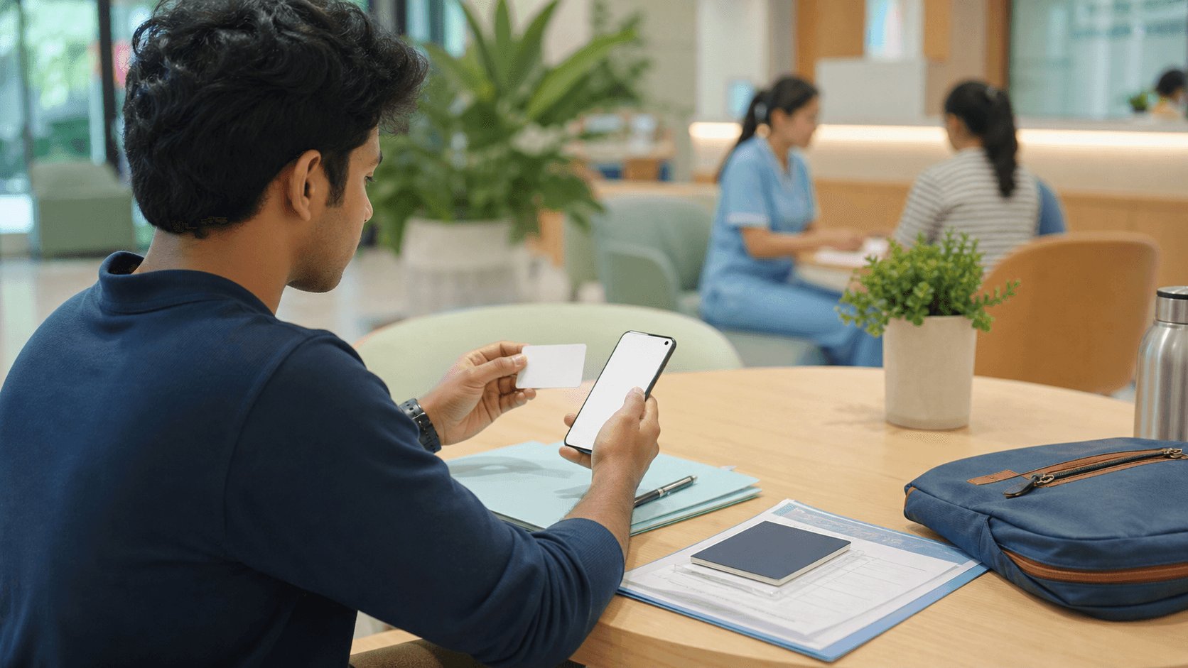 Indian medical student reviewing a blank health-insurance card and phone in an unbranded Vietnam student-support setting