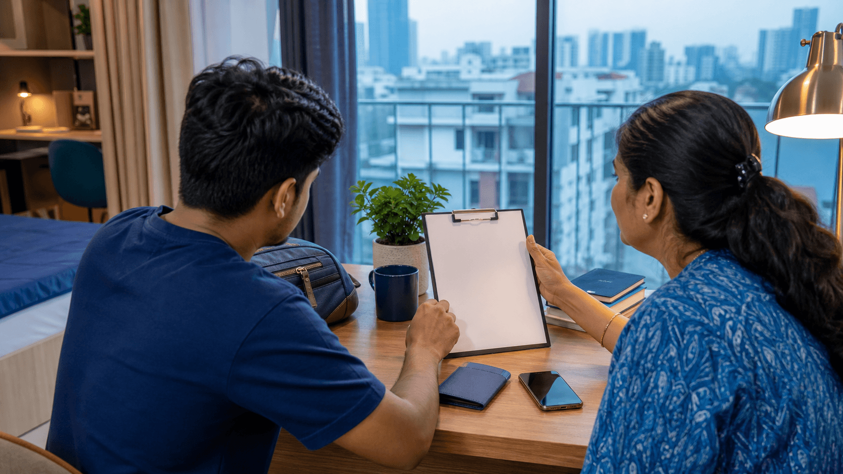Indian MBBS student and parent reviewing a blank temporary residence checklist in a Vietnamese apartment