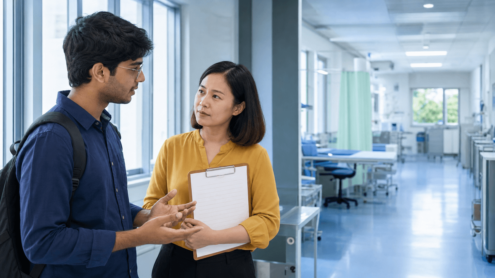Indian medical student discussing a supervised clinical elective with a Vietnamese faculty coordinator in a teaching corridor