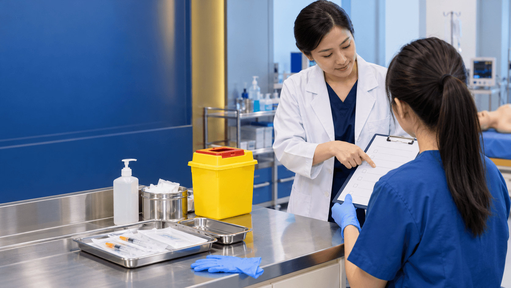 Non-identifiable medical student learning sharps-safety reporting with a supervisor beside a sealed sharps container in a simulation lab