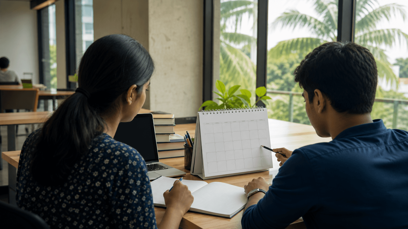 Indian students reviewing a blank academic calendar in a Vietnamese university study room
