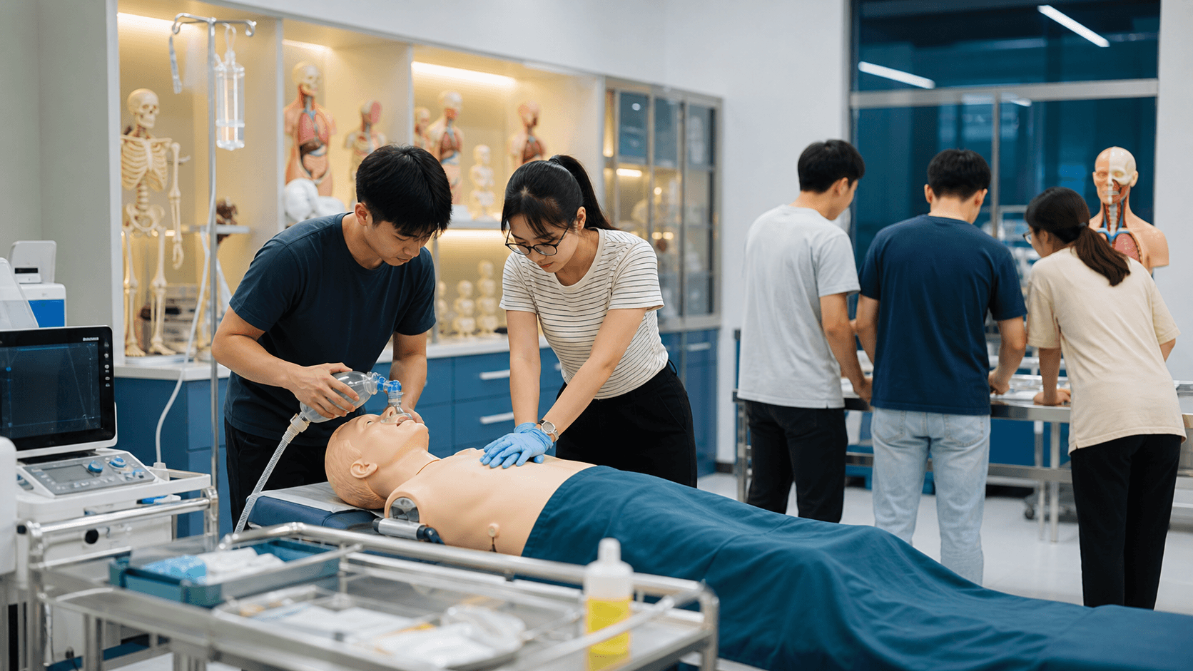 Medical students practising clinical skills with a simulation mannequin in a modern Vietnamese teaching laboratory