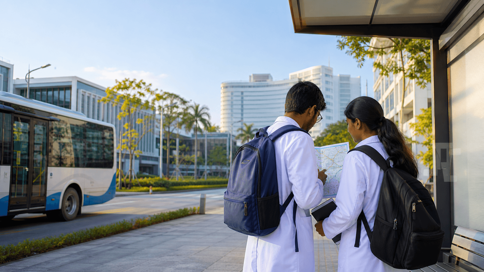Indian medical students checking a route map beside a campus shuttle near a Vietnamese medical university