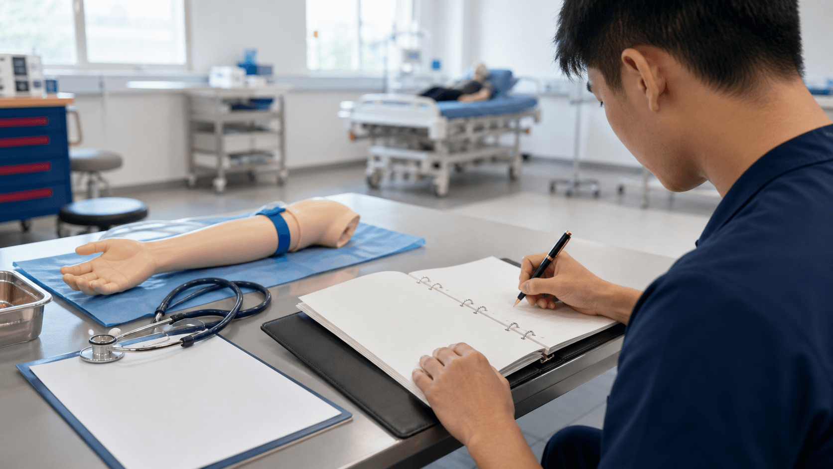 Non-identifiable medical student writing in a blank clinical logbook beside a simulation arm and stethoscope in an unbranded classroom