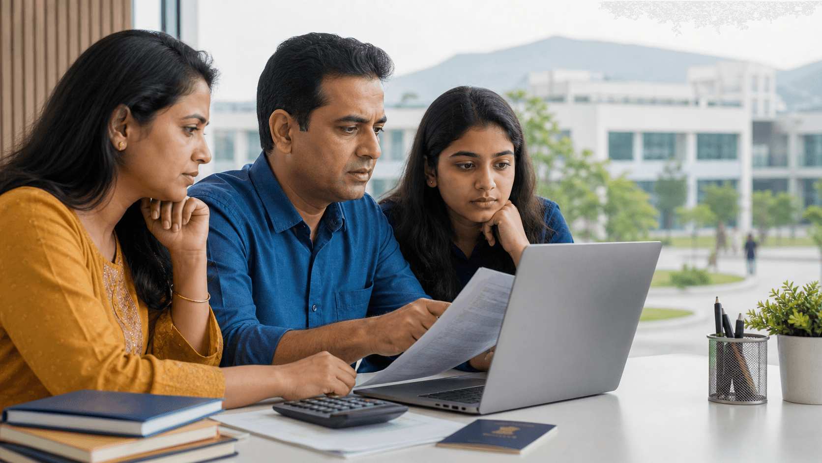 Indian family checking a Vietnam medical university fee quotation and bank remittance checklist in an unbranded setting