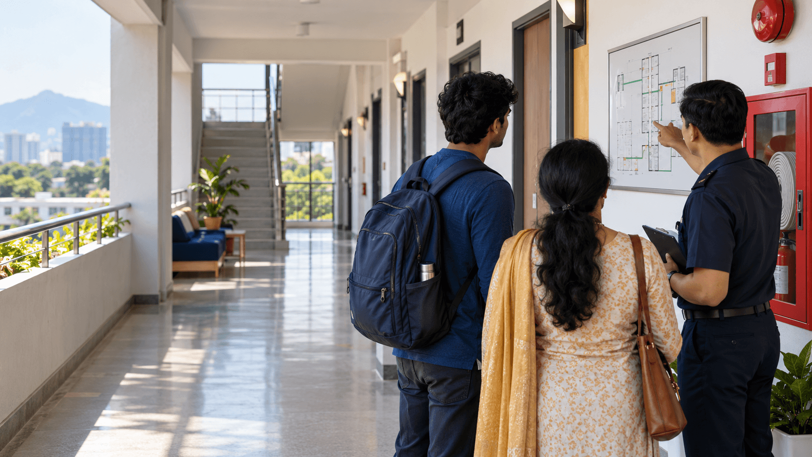 Non-identifiable Indian student and parent reviewing a blank dormitory evacuation plan with a Vietnamese campus safety officer