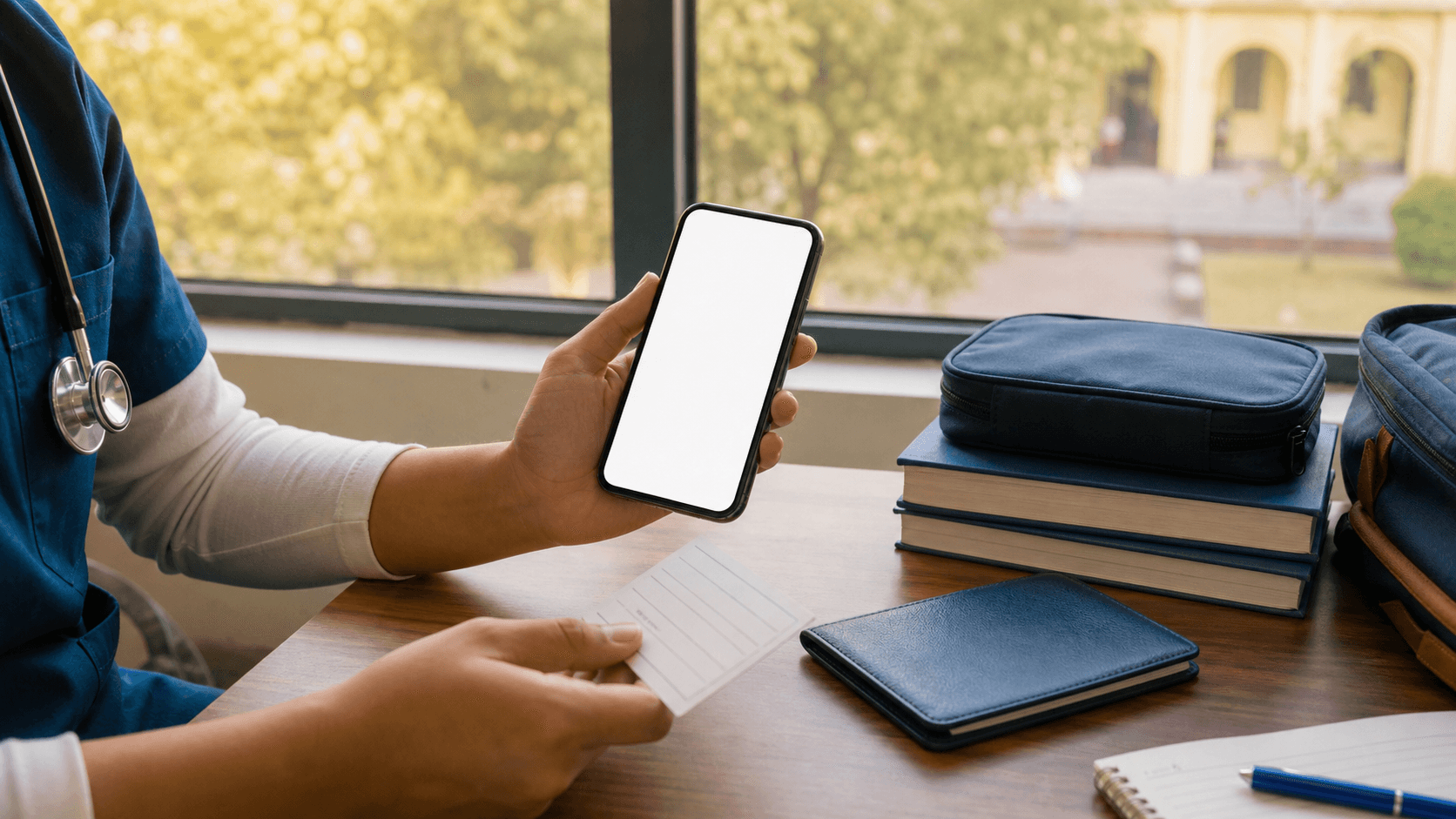 Medical student holding a blank-screen phone beside a passport holder and emergency contact card at a university desk