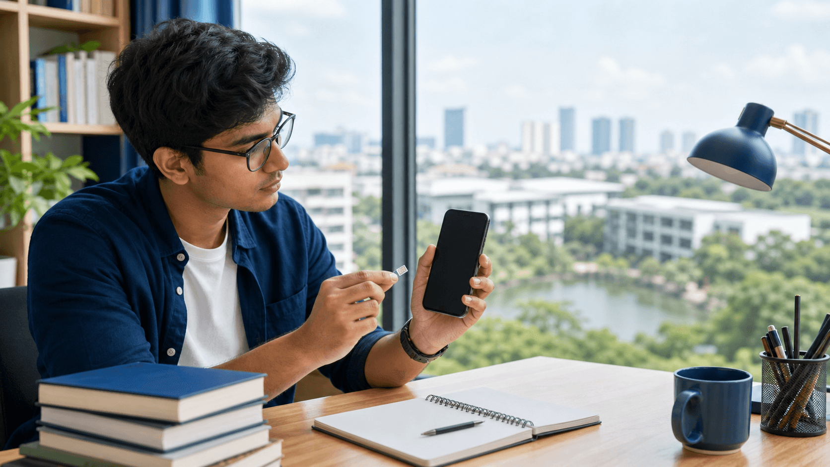 Indian medical student holding an unbranded smartphone and SIM card in a Vietnamese university study room
