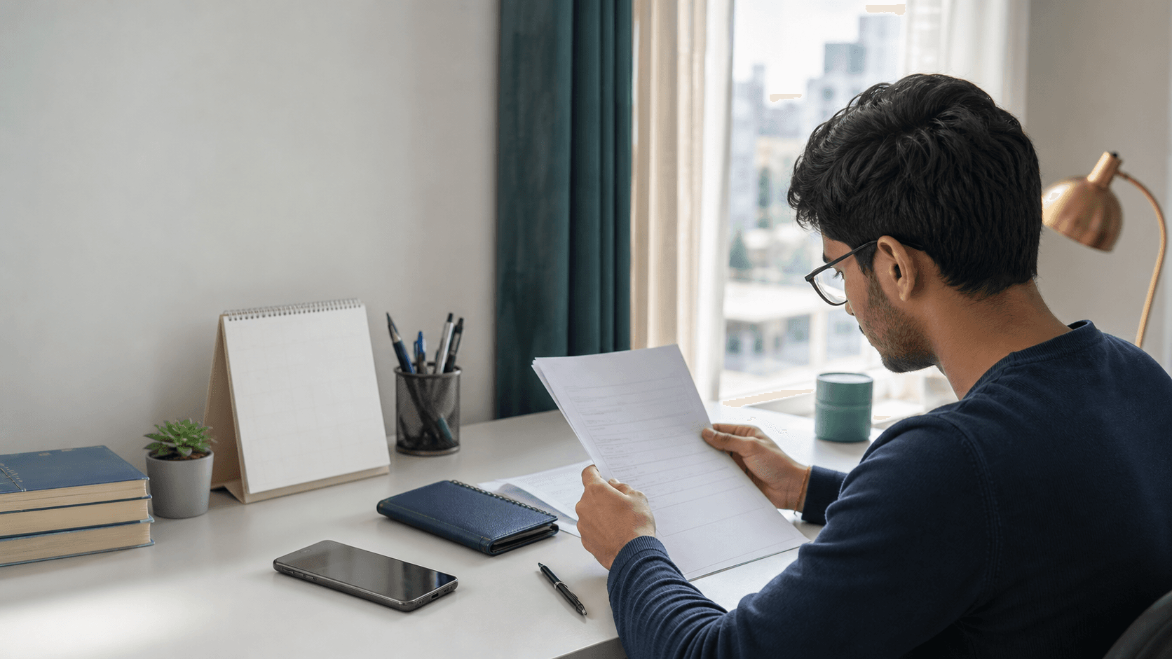 Indian medical student reviewing blank Vietnam student visa extension papers at a study desk
