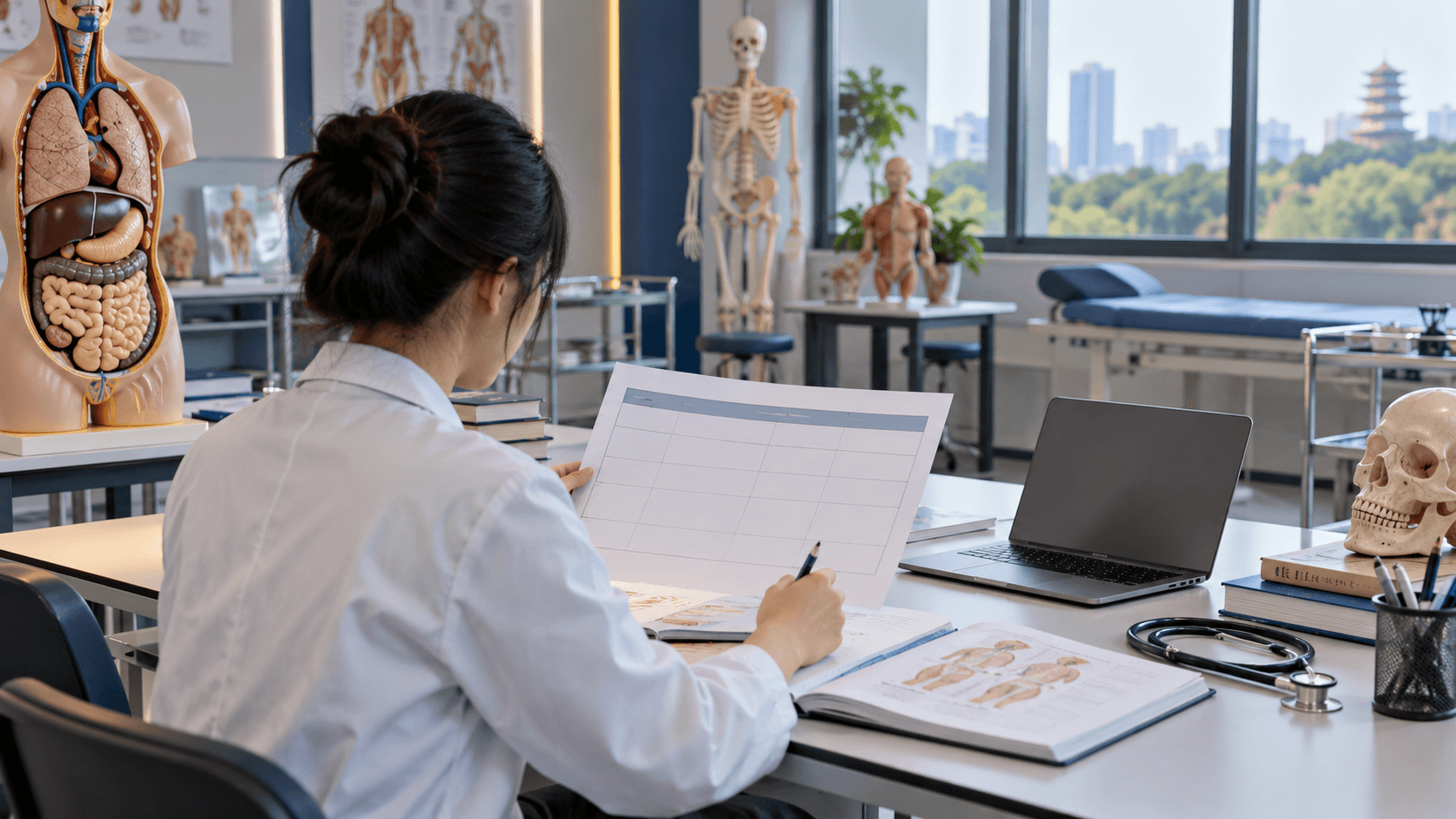 Non-identifiable medical student reviewing a blank curriculum map in a Vietnamese university simulation classroom