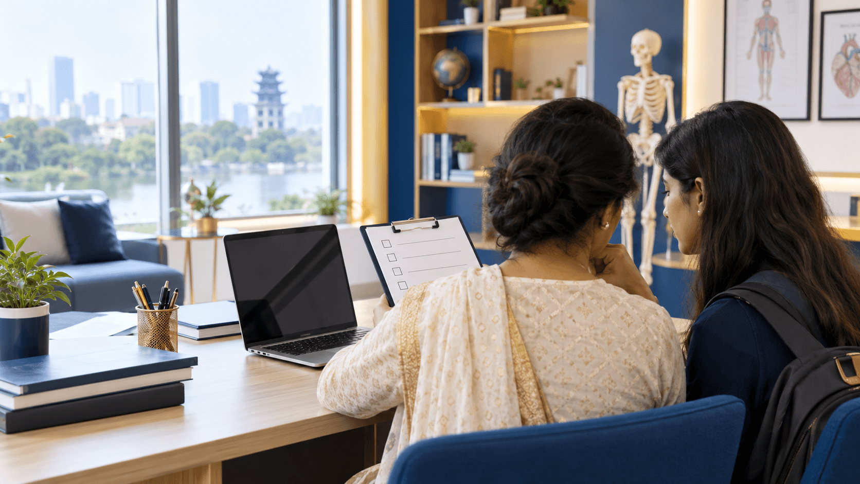 Indian parent and student reviewing a blank medical university admission checklist in a blue and gold study office