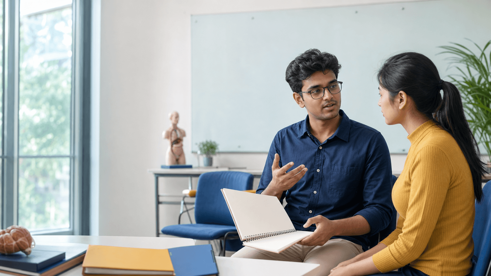 Two medical students practising patient communication in a Vietnamese university classroom