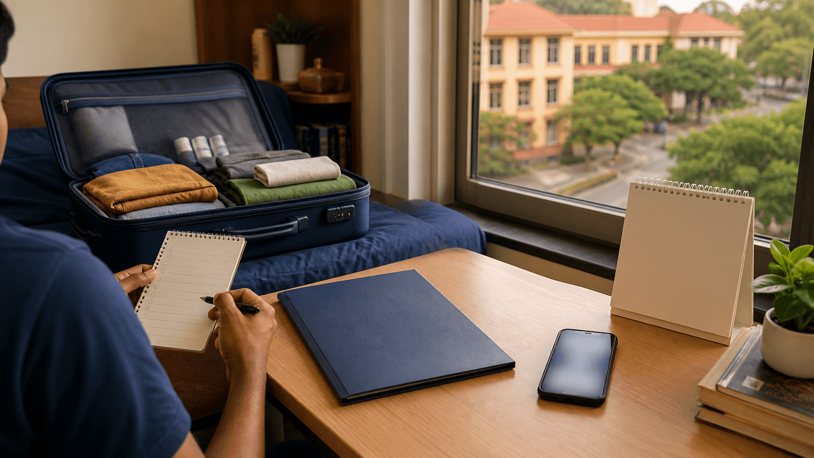Non-identifiable Vietnam MBBS student organising a suitcase and blank travel checklist in a student room