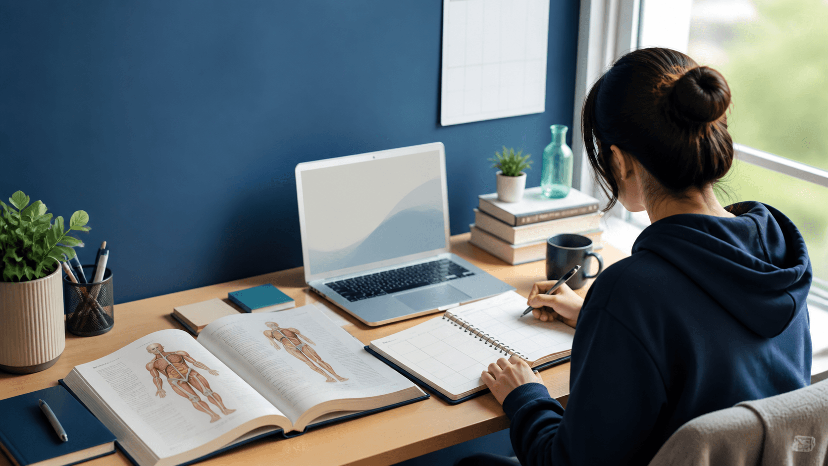 Non-identifiable international medical student reviewing blank scholarship papers at an unbranded study desk
