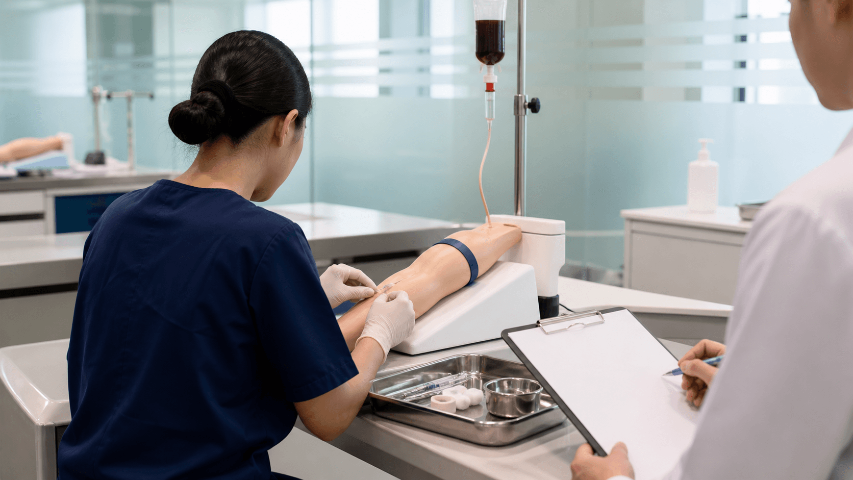 Medical student practising a clinical skill on a simulation arm while an examiner uses a blank clipboard