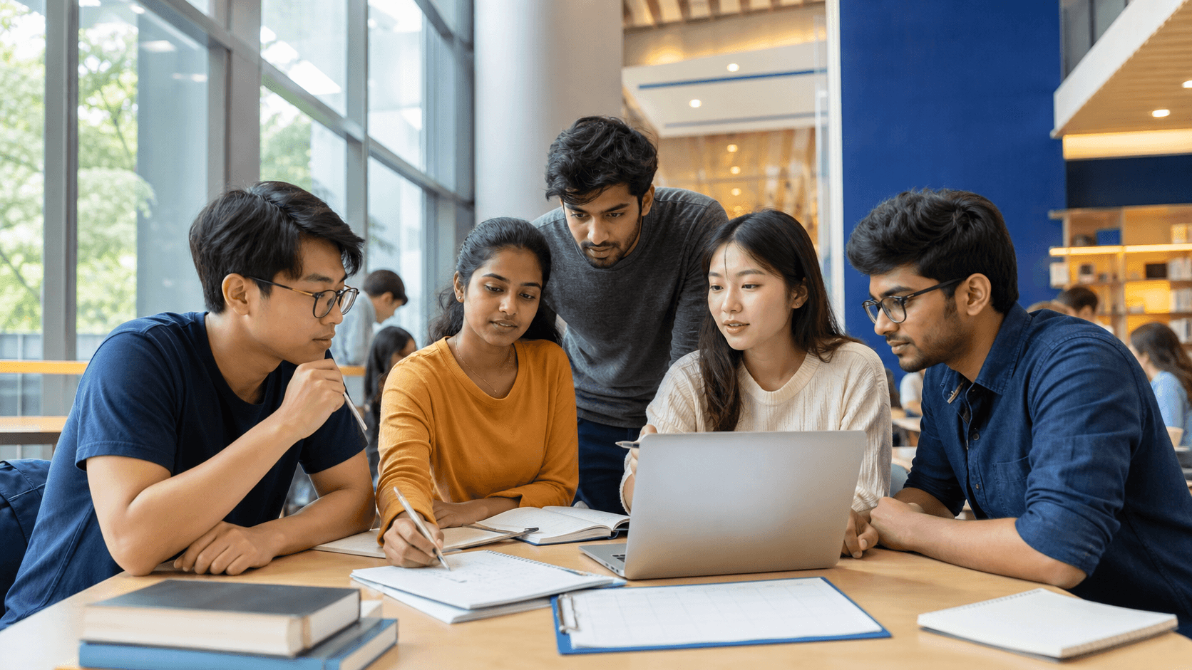 Indian and international students reviewing an MBBS application calendar in a Vietnamese university study space
