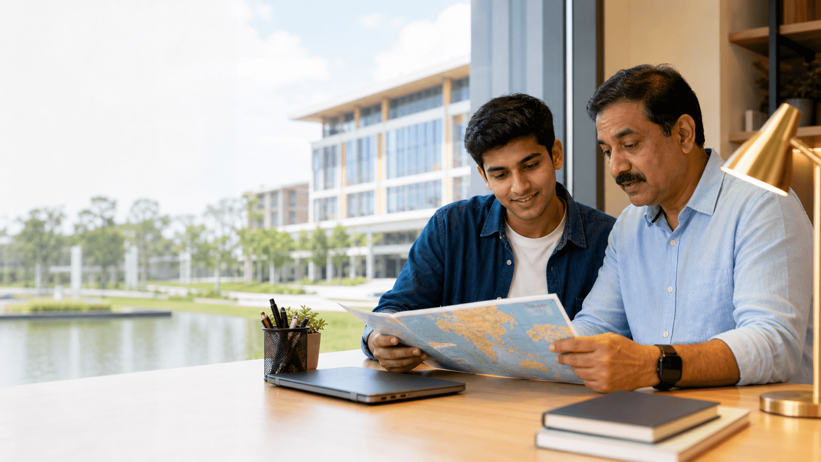Indian parent and adult student reviewing a Vietnam study-travel plan beside an unbranded university campus