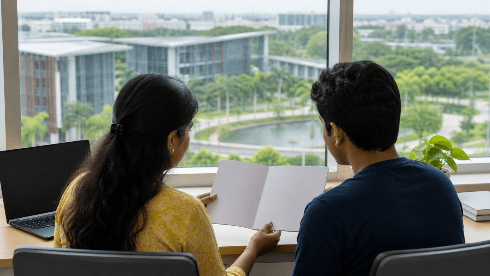 Indian parent and medical student reviewing blank admissions papers beside a Vietnamese university campus