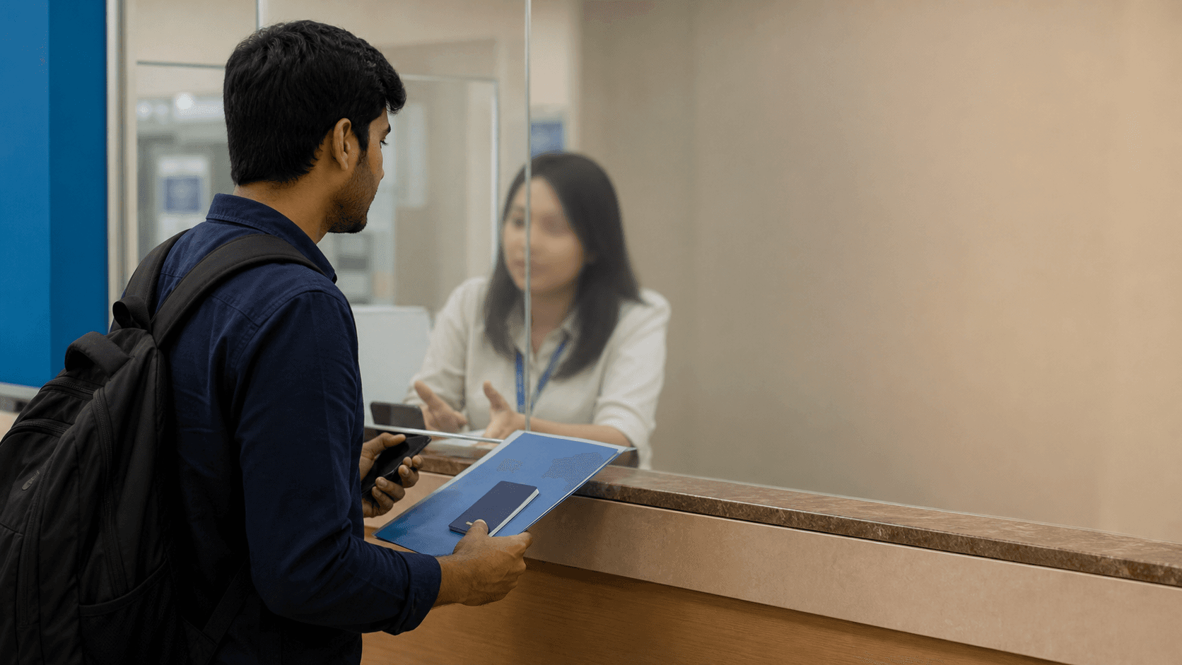 Indian medical student presenting documents at a neutral service counter in Vietnam