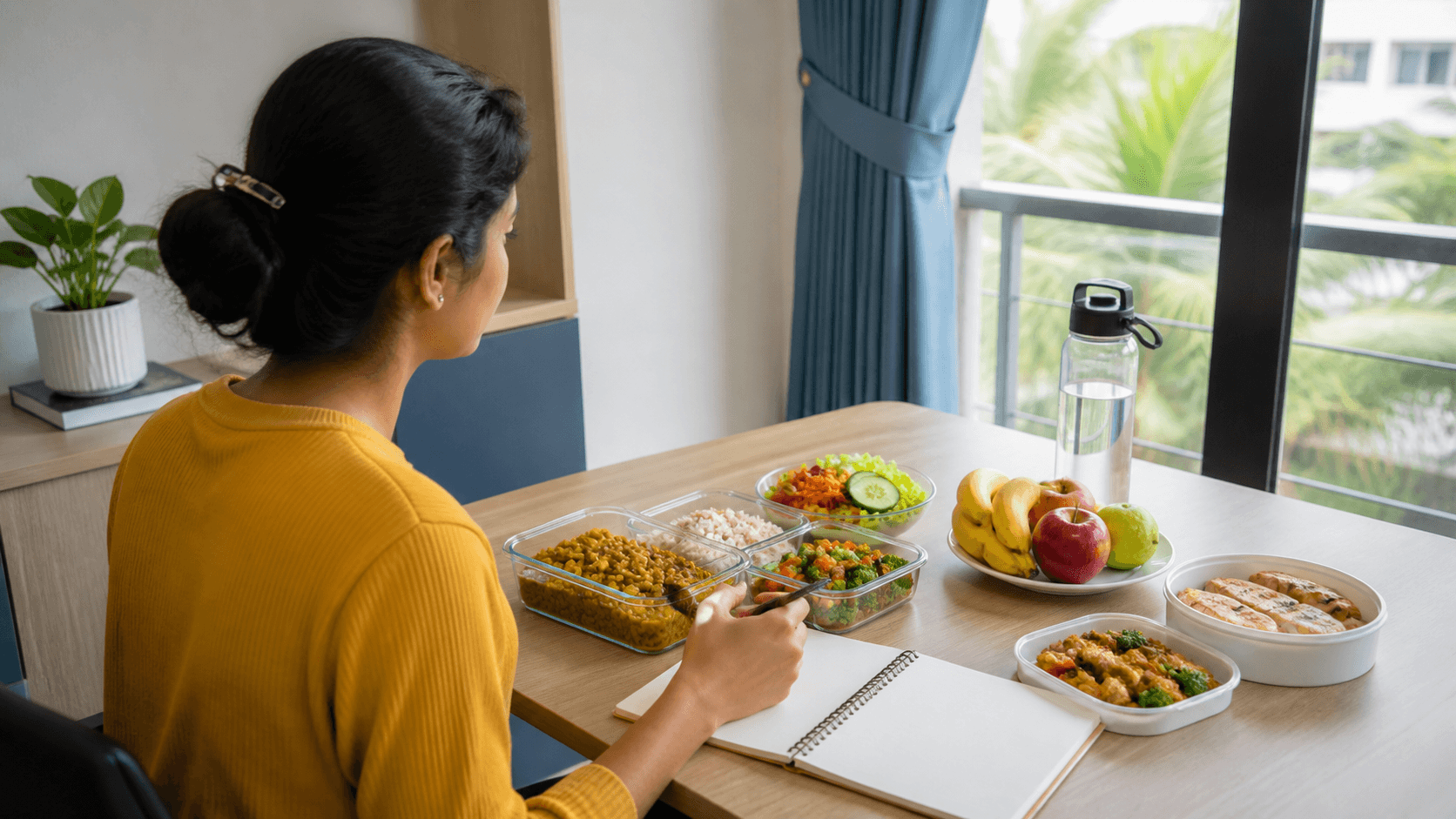 Non-identifiable medical student reviewing prepared meals and a blank food checklist in an unbranded Vietnam residence