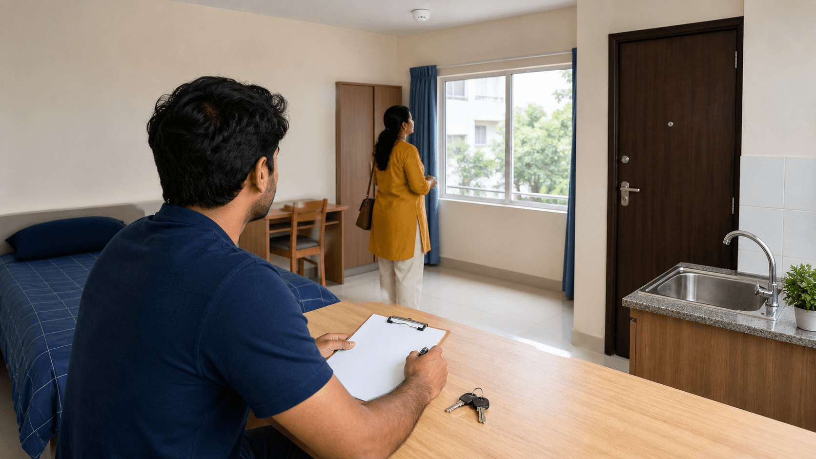 Indian medical student inspecting a clean Vietnam apartment with a parent while holding blank rental papers and keys