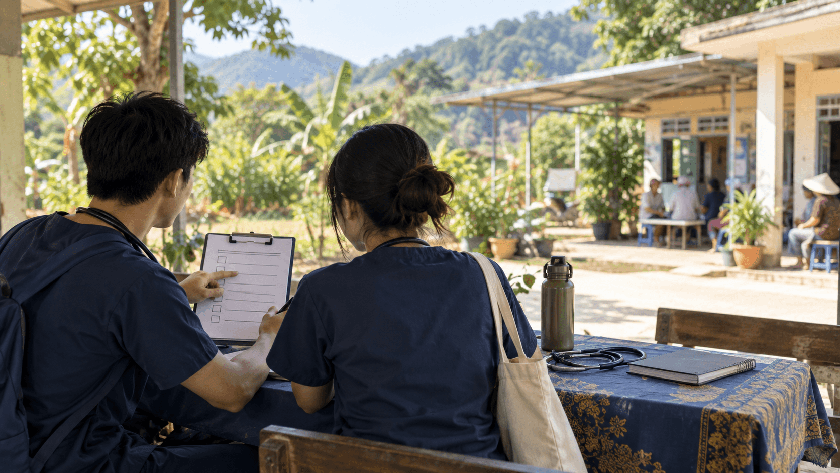 Two non-identifiable medical students reviewing a blank community-health checklist near a Vietnamese local clinic