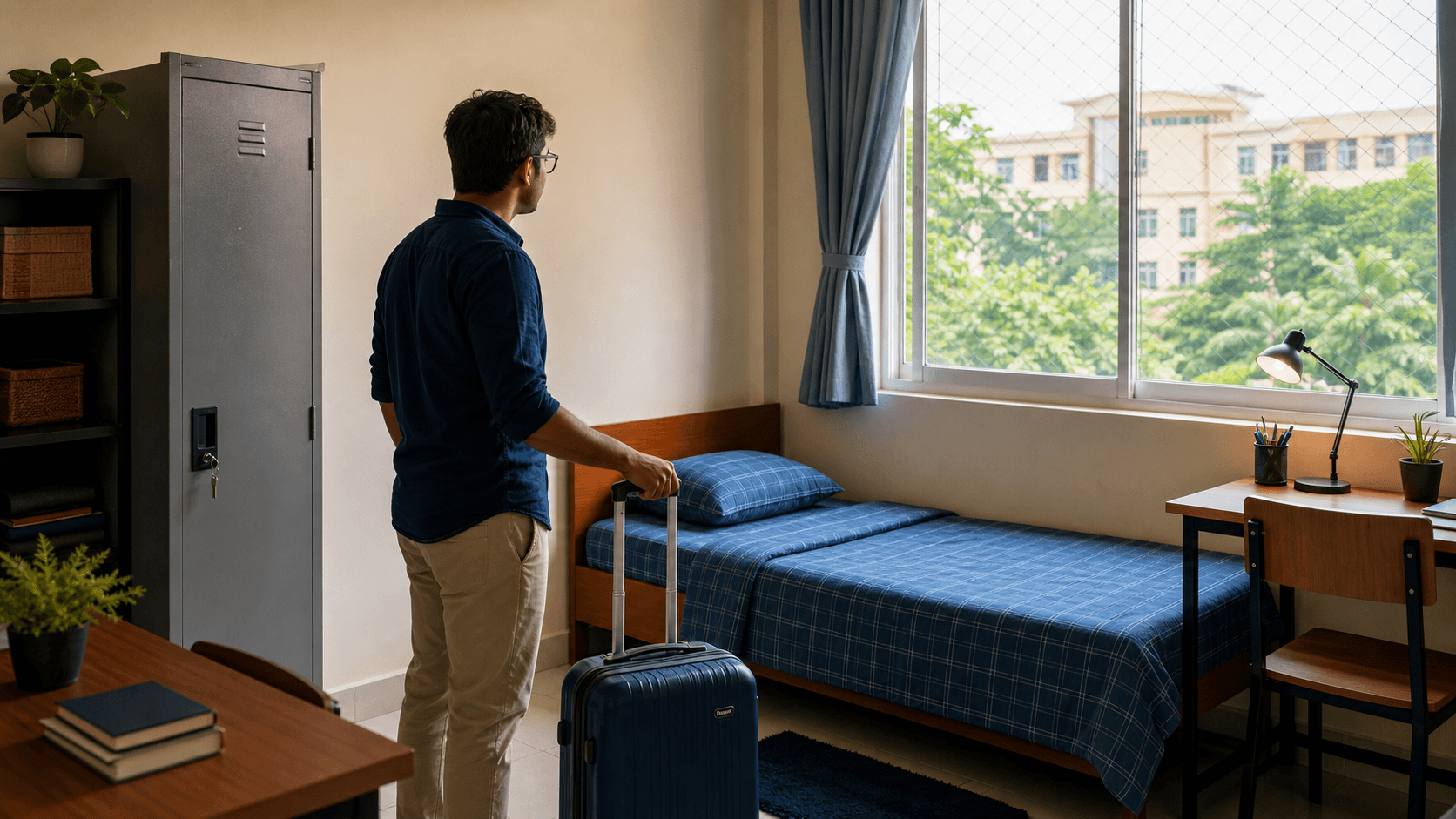 Generic medical student inspecting a clean university hostel room with a desk, bed, locker and suitcase