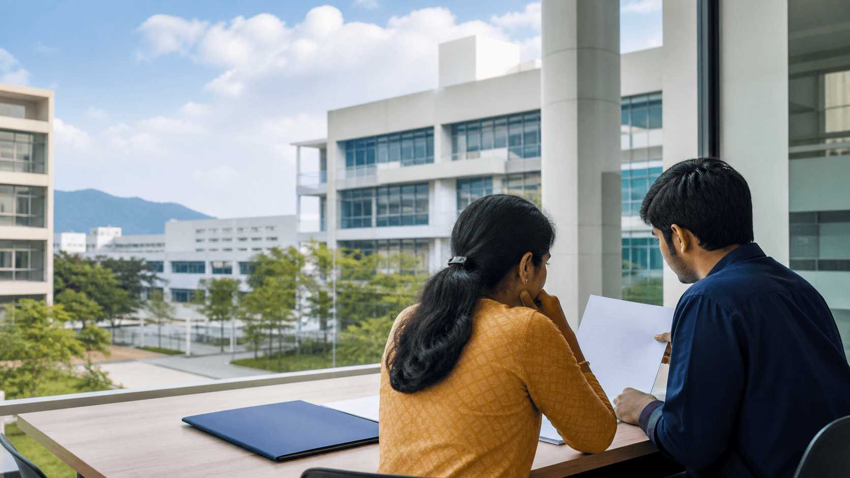 Indian parent and medical student reviewing blank admissions papers beside a Vietnamese medical university campus
