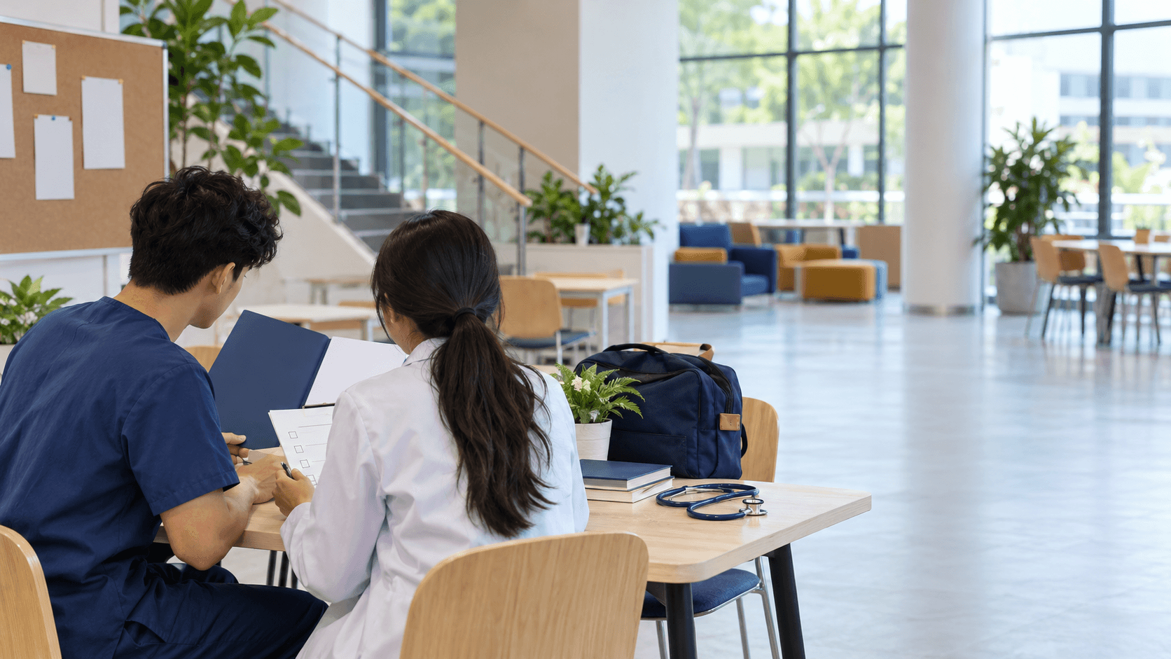 Two international medical students reviewing a blank university responsibilities checklist in a Vietnamese campus study area