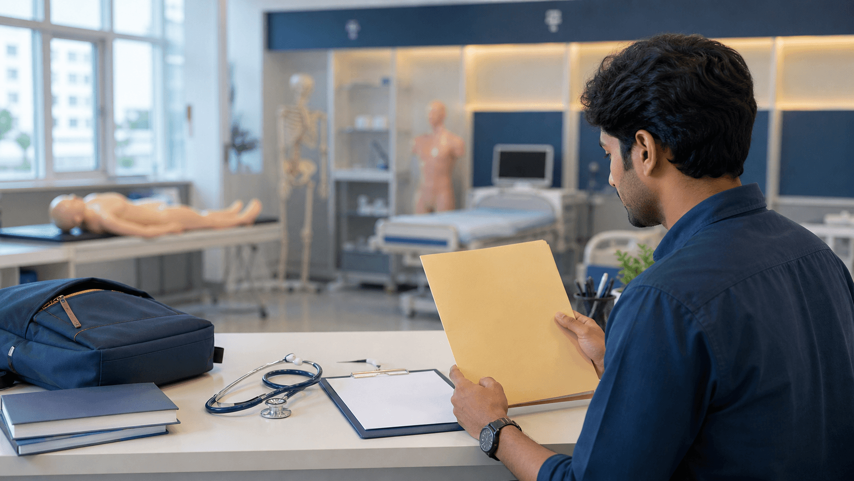 Indian medical student reviewing a blank health-record folder in a Vietnamese medical skills laboratory