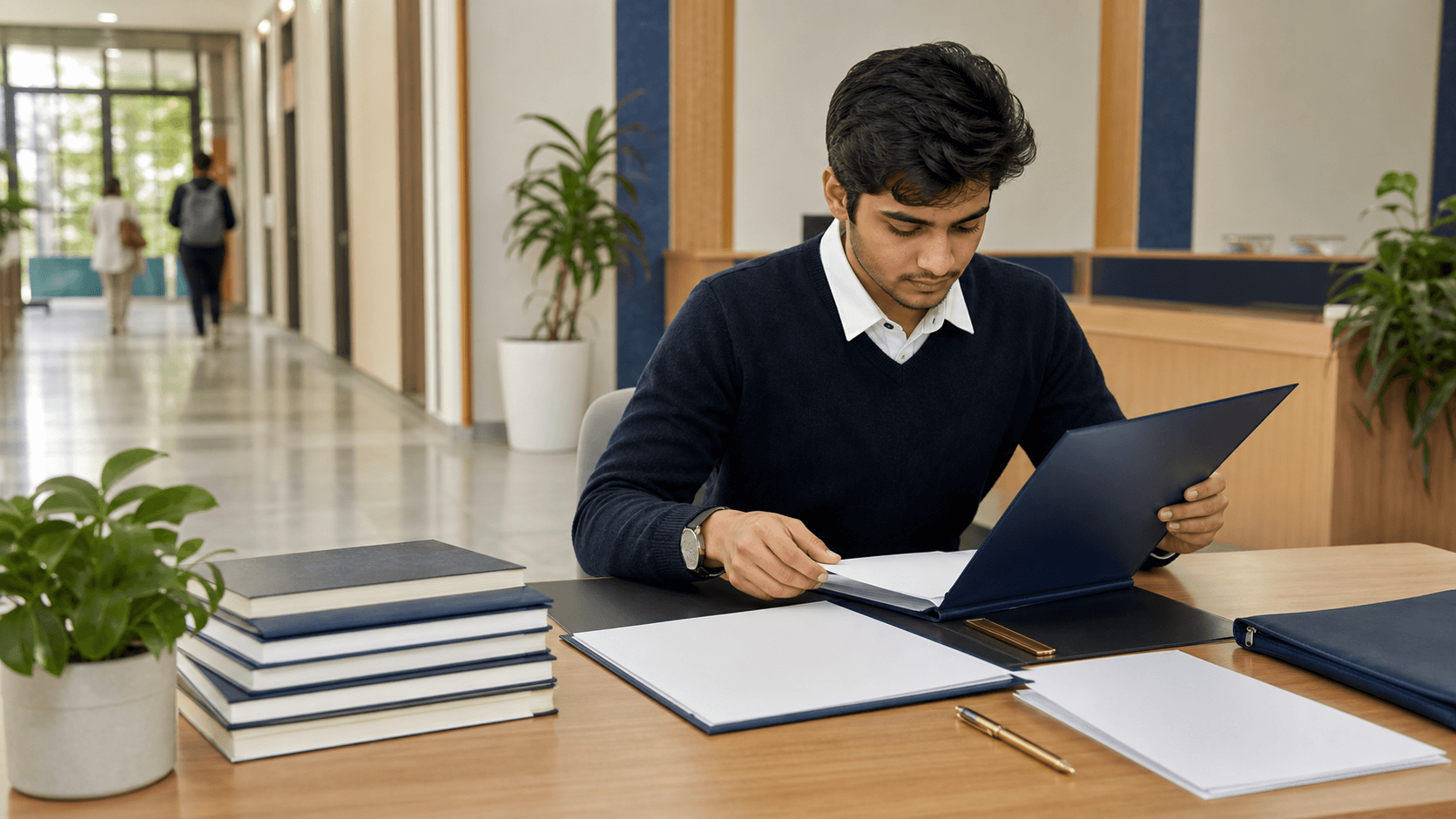 Indian medical graduate organising blank diploma and transcript folders at a Vietnamese university desk
