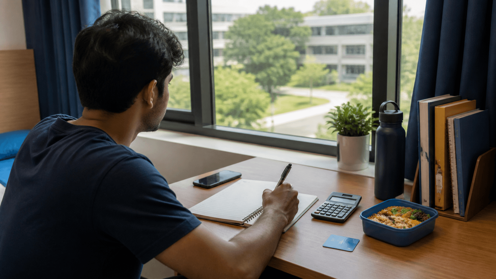 Non-identifiable international medical student planning a monthly budget with a blank notebook, calculator and meal container