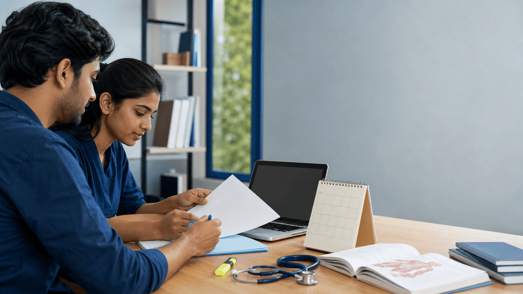 Two Indian medical students reviewing a blank exam calendar and study plan in a university study room